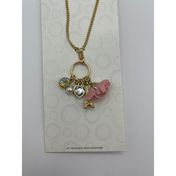 Wonder Nation Eiffel Tower & Pink Flower Pendant w/ Heart Drop Earrings Set NEW - Picture 12 of 12